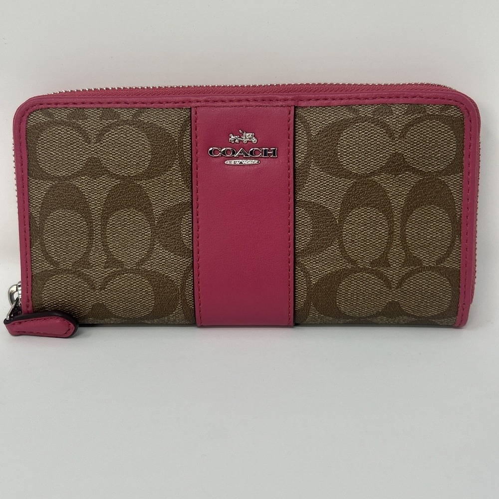 Coach Long Accordion Zip Wallet Tan & Pink Signature Leather Wallet